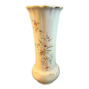 Vintage Floral Ceramic Porcelain Vase 9 in Tall, Gold Trim, Cream Ribbed Design